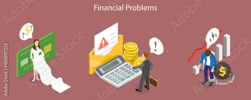 3D Isometric Flat Vector Conceptual Illustration of Financial Problems, Business Crisis and Bankruptcy