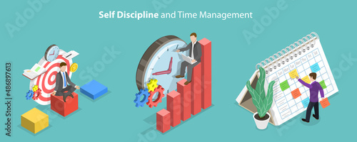 3D Isometric Flat Vector Conceptual Illustration of Self Discipline And Time Management, Effective Job Planning