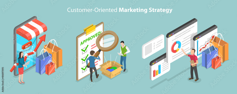 3D Isometric Flat Vector Conceptual Illustration of Customer-Oriented Marketing Strategy, CRM: Customer Relationship Management