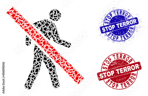 Round STOP TERROR dirty stamps with caption inside circle shapes, and debris mosaic stop walking pedestrian icon. Blue and red seals includes STOP TERROR caption.