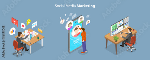 3D Isometric Flat Vector Conceptual Illustration of Social Media Marketing, SMM Digital Campaign