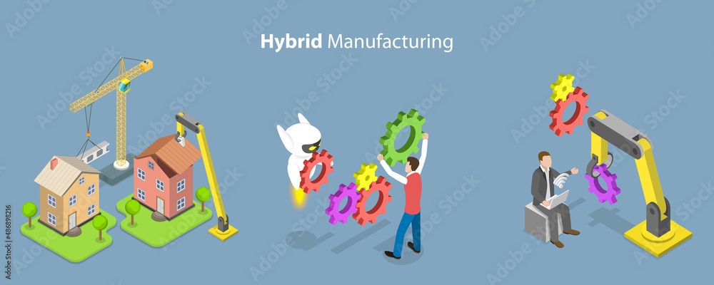 3D Isometric Flat Vector Conceptual Illustration of Hybrid Manufacturing, Cybernetic AI Automation of Production Process 3D Isometric Flat Vector Conceptual Illustration of Hybrid Manufacturing, Cybernetic AI Automation of Production Process