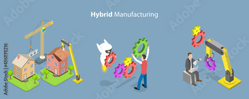 3D Isometric Flat Vector Conceptual Illustration of Hybrid Manufacturing, Cybernetic AI Automation of Production Process