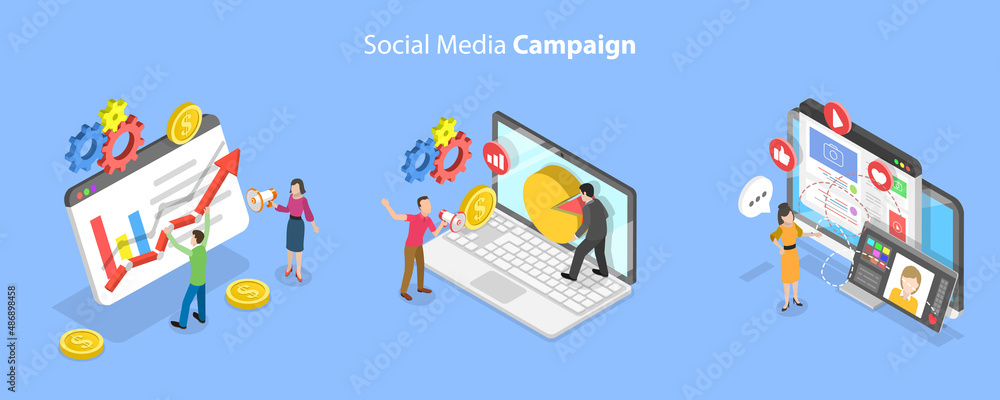 3D Isometric Flat Vector Conceptual Illustration of Social Media Campaign, Online Advertising and Digital Marketing