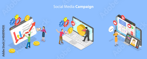 3D Isometric Flat Vector Conceptual Illustration of Social Media Campaign, Online Advertising and Digital Marketing