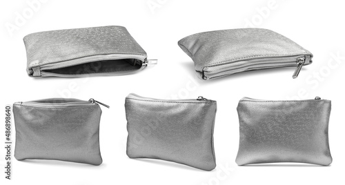 Set with stylish cosmetic bags on white background. Banner design