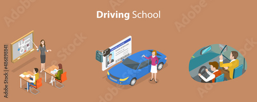 3D Isometric Flat Vector Conceptual Illustration of Driving School, Theory, Practice and Getting License