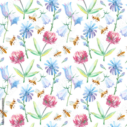 Seamless pattern of a bell flower clover cornflower and bee on a white background.Meadow herbs. Watercolor hand drawn illustration.