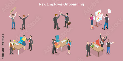 3D Isometric Flat Vector Conceptual Illustration of Employee Onboarding, Getting Experience in New Work Team