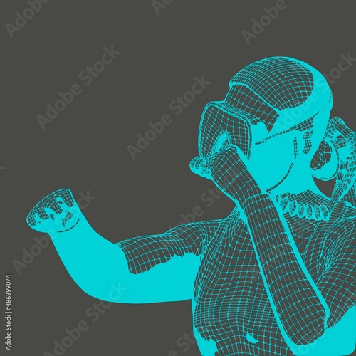 Monochrome silhouette of scuba diver in a combat stance. Mesh grid texture