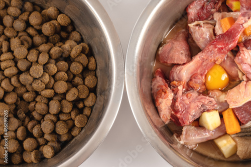 Two bowls with dog food, processed and natural stuff. Comparing of different kind of diet. The process of changing from one system to another. White background, copy space.