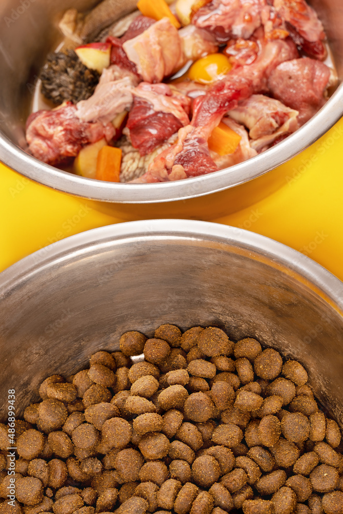 Two bowls with dog food, processed and natural stuff. Comparing of different kind of diet. The process of changing from one system to another. Yellow background, copy space. Two bowls with dog food, processed and natural stuff. Comparing of different kind of diet. The process of changing from one system to another. Yellow background, copy space.