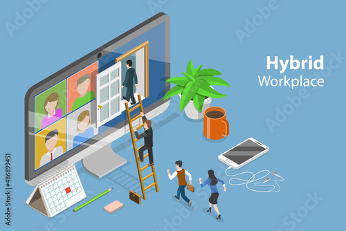 3D Isometric Flat Vector Conceptual Illustration of Hybrid Workplace, Distant Online Job Opportunites
