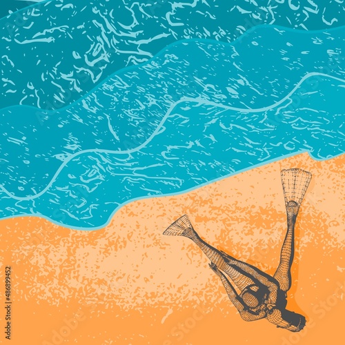 Monochrome silhouette of scuba diver who sits on the seashore. Mesh grid texture