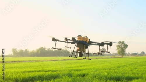 Agriculture drone flying and spraying fertilizer and pesticide over farmland,High technology innovations and smart farming