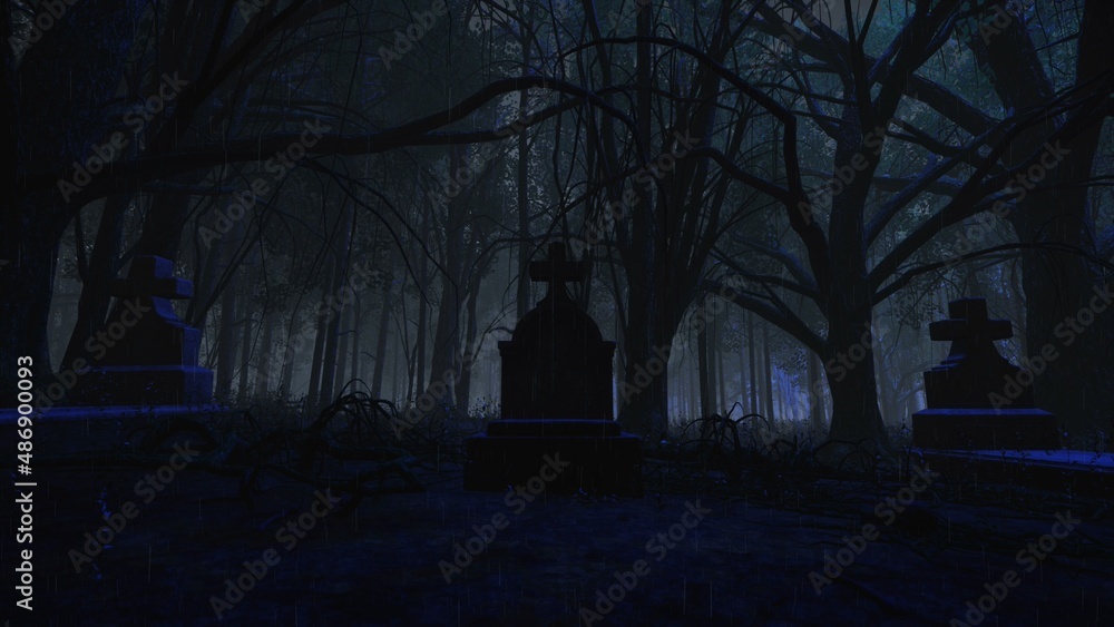 Graveyard in the rainy dark forest 3D Rendering