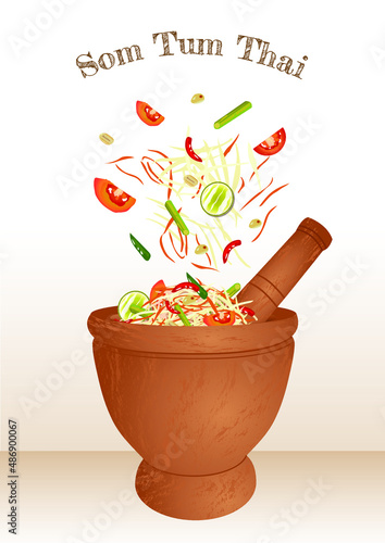 Thai vector food Thai papaya salad ingredients splash out of mortar.