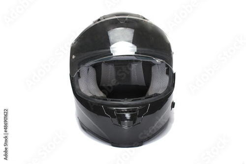 Frontal closeup black motorcycle helmet white background