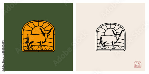 Folk Boho Cow vintage logo design template