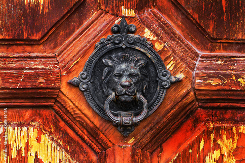 Obraz na plátně decorated door with a metal knocker in the form of a lion