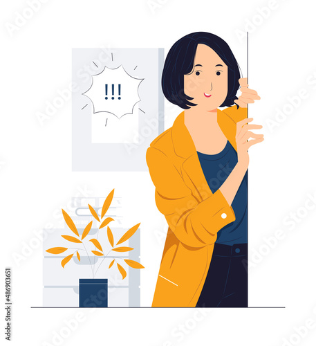 Cheerful business woman standing behind a wall while peeking with curiosity concept illustration