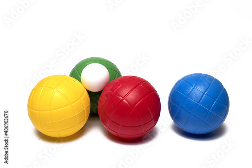 Closeup colorful balls bocce game white background