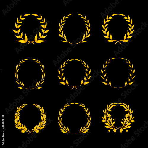 Set of wreaths from different formy on black background. Vector award, achievement, nobility, coat of arms, heraldry or logo in flat style.