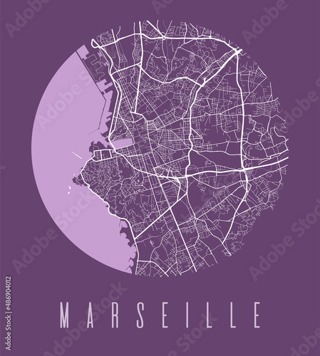 Marseille city map circle poster. Round circular road aerial view, street map vector illustration. Cityscape area panorama.