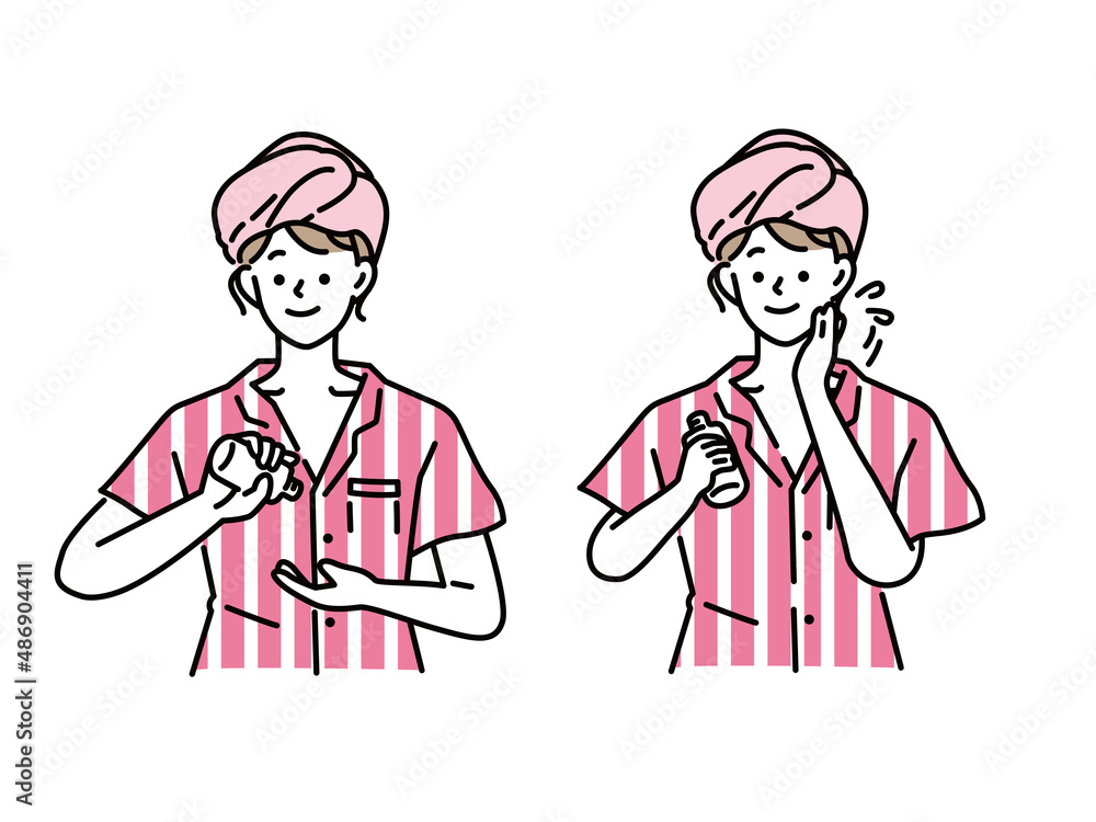お化粧をするイラスト(保湿、スキンケア、肌荒れ、美肌、コスメ、化粧水) An illustration of putting on makeup.Moisturizing, skin care, rough skin, beautiful skin, cosmetics, lotion. お化粧をするイラスト(保湿、スキンケア、肌荒れ、美肌、コスメ、化粧水) An illustration of putting on makeup.Moisturizing, skin care, rough skin, beautiful skin, cosmetics, lotion.