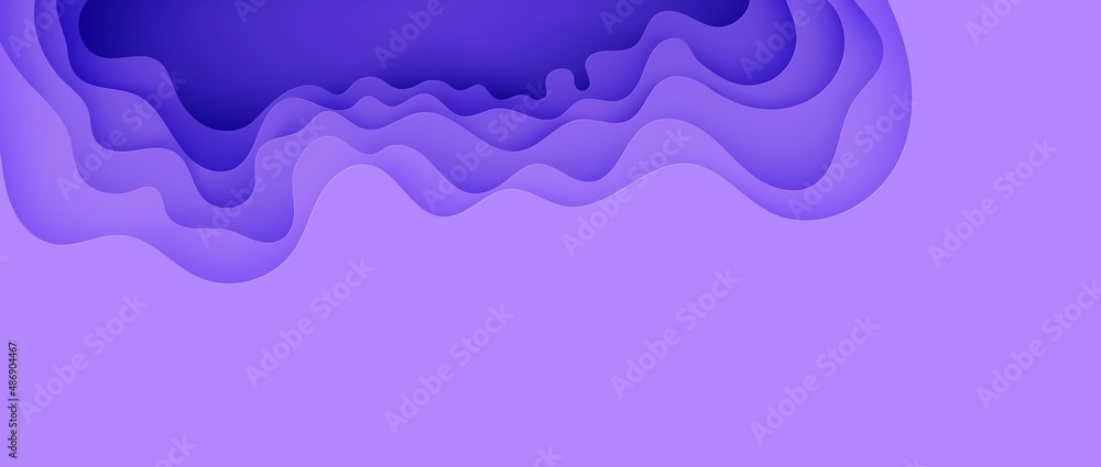 Abstract background in paper cut style. 3d violet and purple colors waves with smooth shadow. Vector illustration with layered curved line shape. Rectangular composition of liquid layers in papercut.