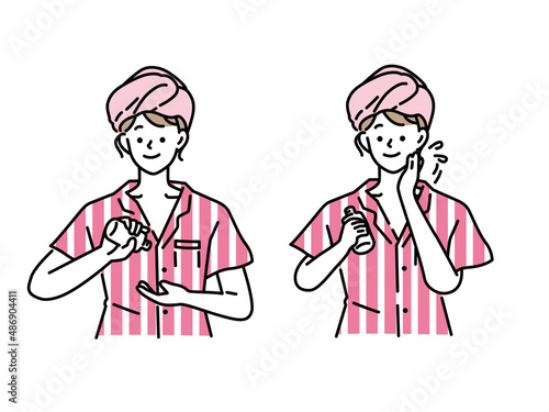 お化粧をするイラスト(保湿、スキンケア、肌荒れ、美肌、コスメ、化粧水) An illustration of putting on makeup.Moisturizing, skin care, rough skin, beautiful skin, cosmetics, lotion.