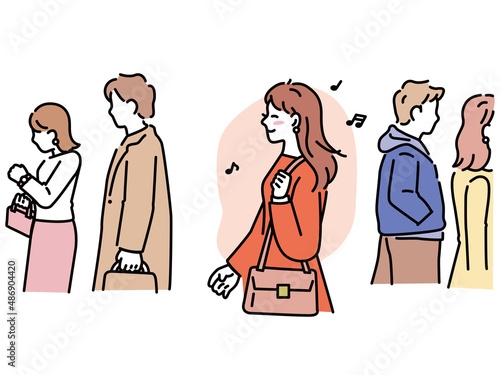 散歩、通勤するイラスト(街中、歩く、人混み、ショッピング) Illustrations of walking and commuting.The streets, walking, crowds, shopping.