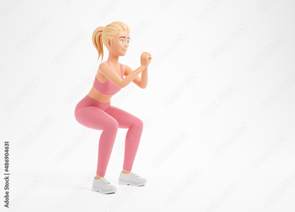 Beautiful blonde cartoon character woman in pink sportswear doing squats isolated over white background. Beautiful blonde cartoon character woman in pink sportswear doing squats isolated over white background.
