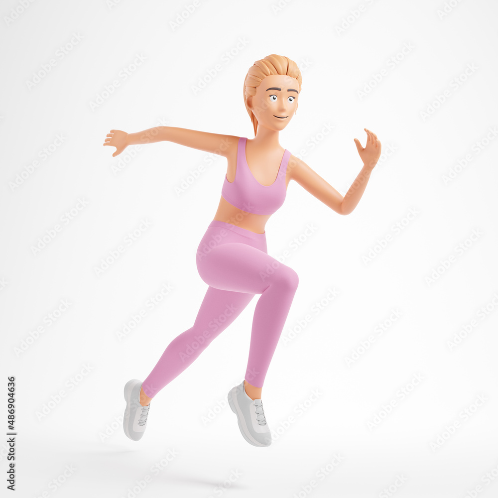 Attractive blonde cartoon character woman in pink sportswear run isolated over white background.