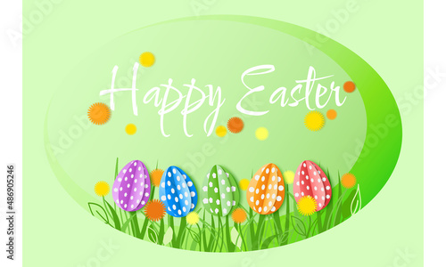 Easter card. Multi-colored eggs, flowers, grass on a light green background.