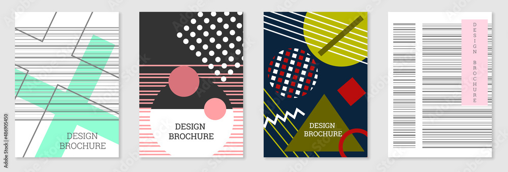 Set of cover design in Memphis style. Geometric design, abstract background. Fashionable bright cover, banner, poster, booklet. Creative colors. Set of cover design in Memphis style. Geometric design, abstract background. Fashionable bright cover, banner, poster, booklet. Creative colors.