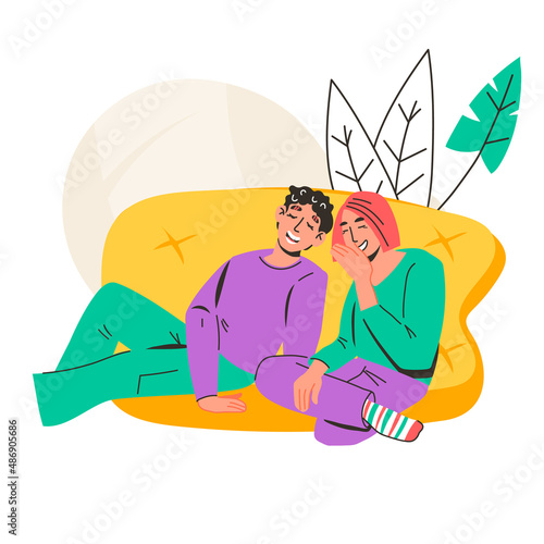 Happy young couple, friends laughing and talking sitting on couch at home, vector illustration isolated on white background. Man and woman spending time together at home and communicating.