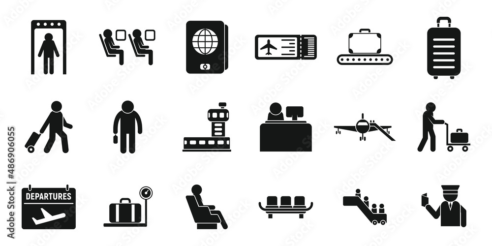 Airline passengers icons set simple vector. People case Airline passengers icons set simple vector. People case