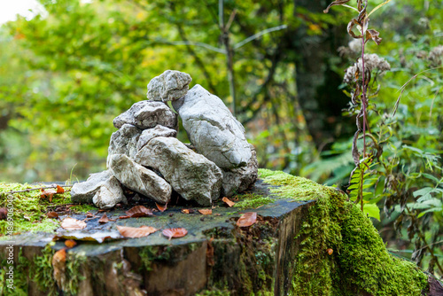 Steine geschlichtet zu einem Steinmännchen im Wald auf einem Baumstamm