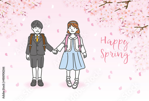 小学校の入学式の友達との記念写真風のイラスト