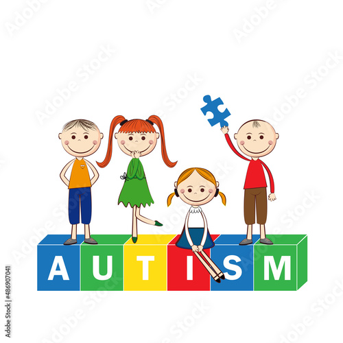 Autism awareness day. Illustration of happy children receiving support, acceptance and love