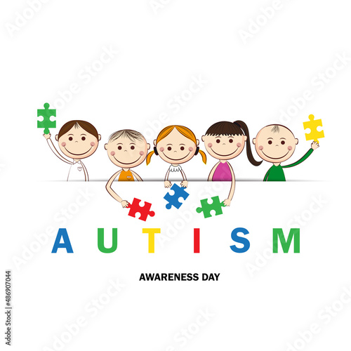 Autism awareness day. Illustration of happy children receiving support, acceptance and love