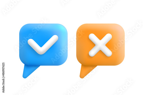 Accept and reject icons in 3d cartoon style. Check mark and cross on speech bubbles. Vector illustration.
