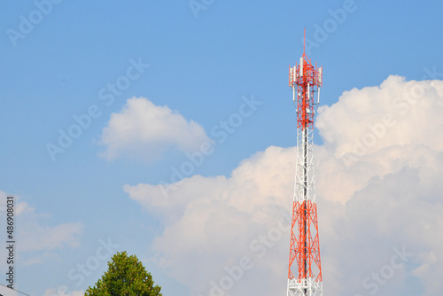 Telecommunication tower of 4G and 5G cellular. Antenna transmission communication. Cell phone signal base station.
