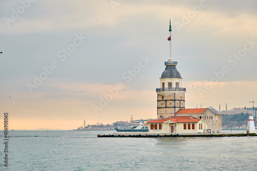 Silhouette of maiden's tower in istanbul local name is kiz kulesi during sunset