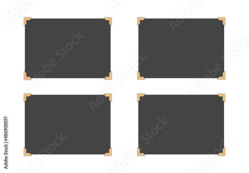 Set of horizontal empty pages for photos. Black vintage photo cards with beige corners. Vector realistic Mockup for scrapbooking, presentation. Blank template on white background. EPS10.
