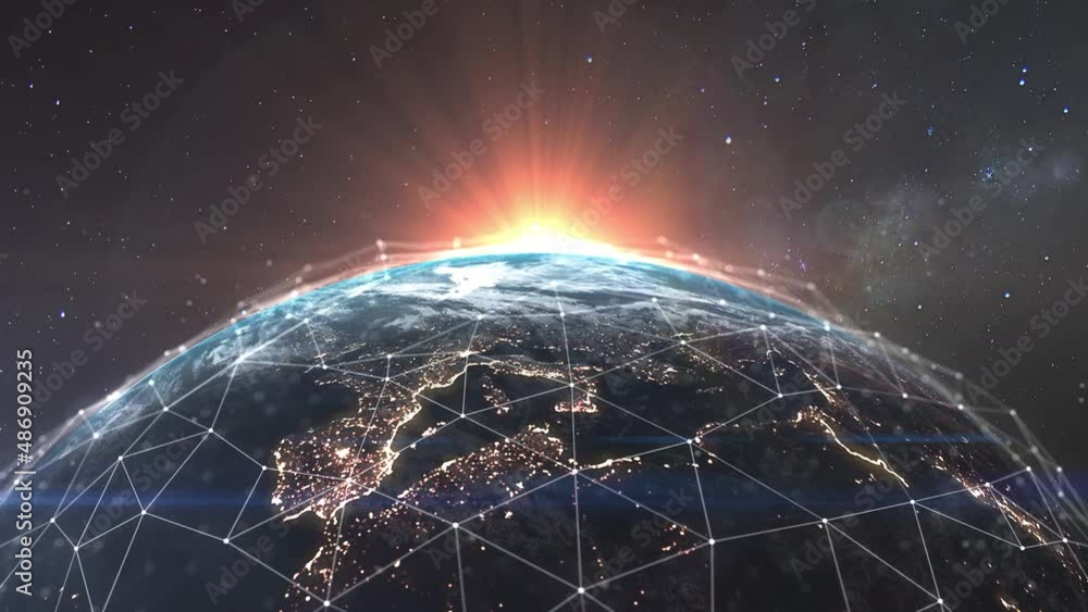 Digital Global Network covers the entire planet Earth. 3-D Visualization of the World Wide Web connecting all regions of the globe. Plexus and interaction of moving points connected by lines. High
