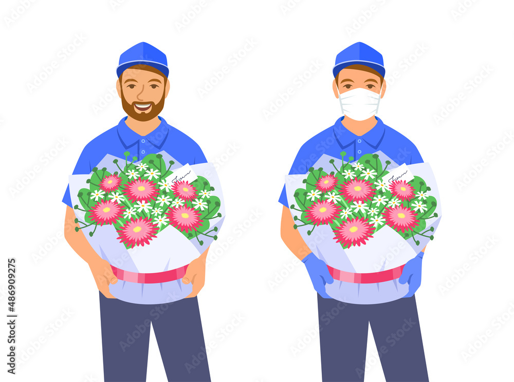 Fresh flowers delivery. Young delivery man holding beautiful floral bouquet. Floral shop delivery service worker gives an order to the client. Flower store courier character. Flat cartoon illustration Fresh flowers delivery. Young delivery man holding beautiful floral bouquet. Floral shop delivery service worker gives an order to the client. Flower store courier character. Flat cartoon illustration