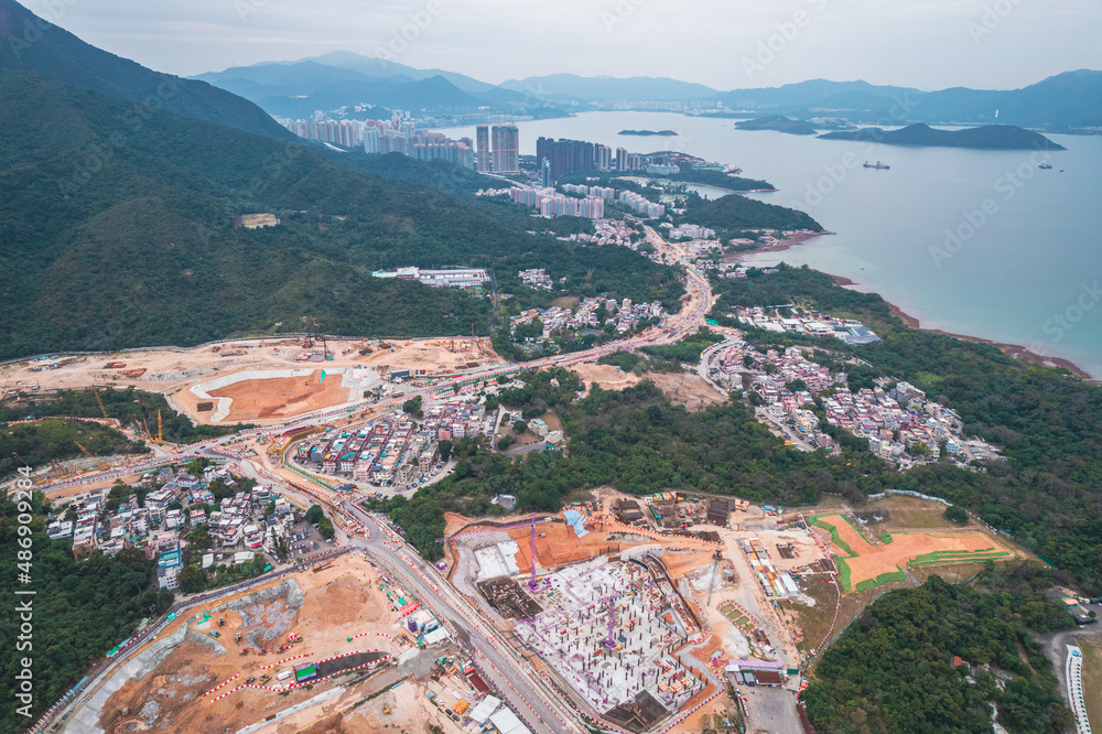Wide angle aerial shot of the Tseng Tau Tsuen Sai Kung and the nearby construction site