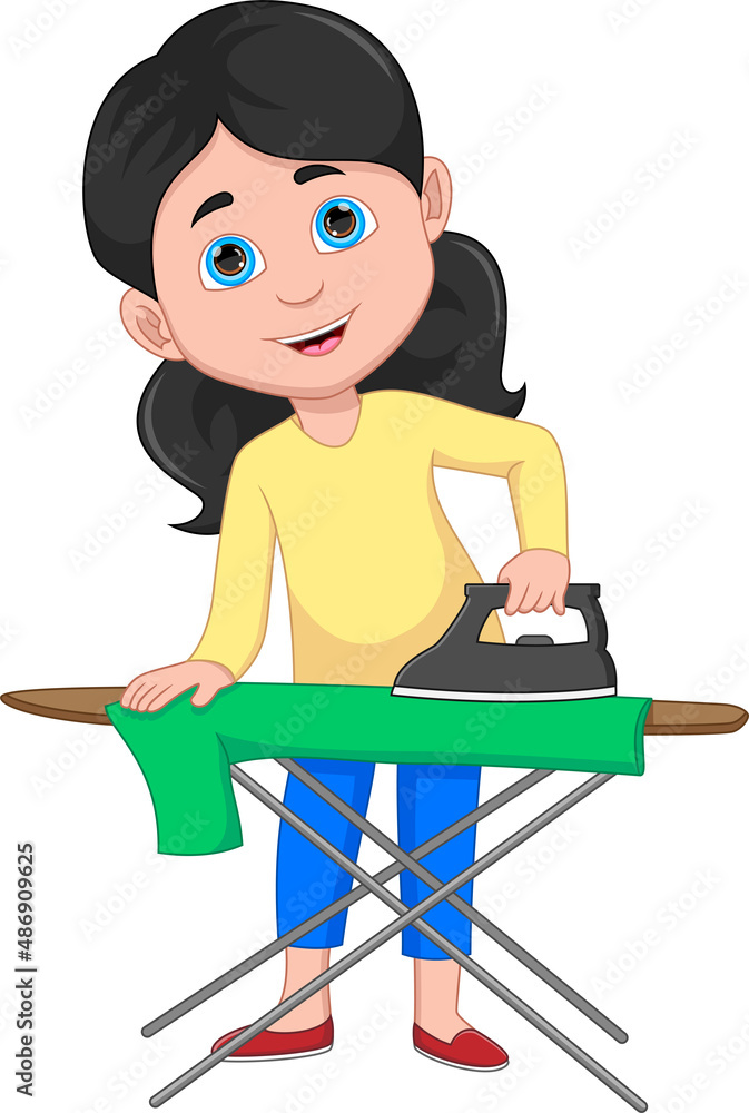 young girl ironing clothes cartoon Stock Vector | Adobe Stock
